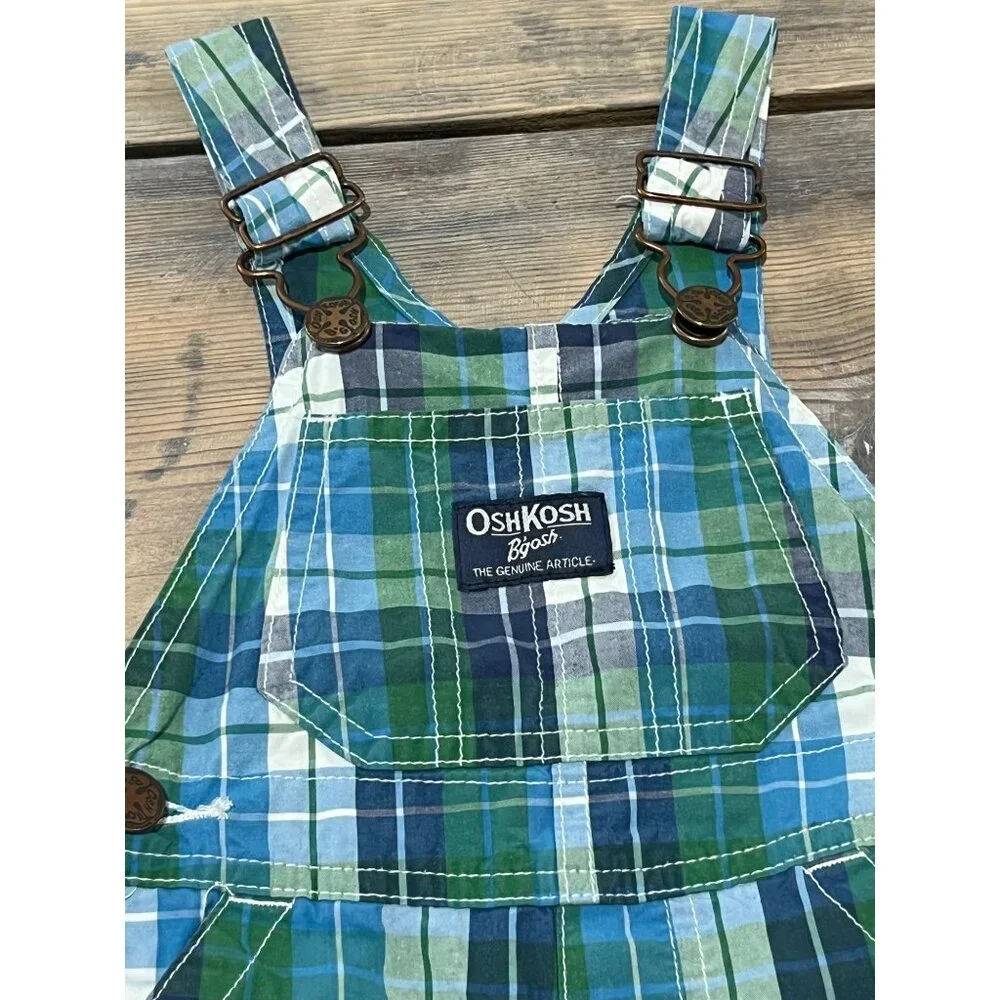 Oshkosh B'gosh Bib Overall Shorts Baby 12 Mos Blue Plaid Y2K